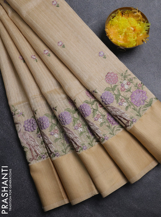 Jute silk saree sandal with embroidery buttas and long parsi embroidery simple border