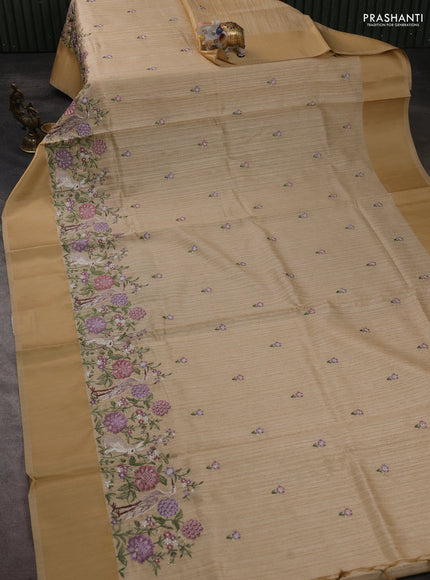 Jute silk saree sandal with embroidery buttas and long parsi embroidery simple border