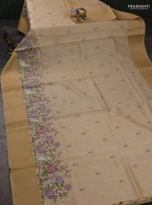Jute silk saree sandal with embroidery buttas and long parsi embroidery simple border