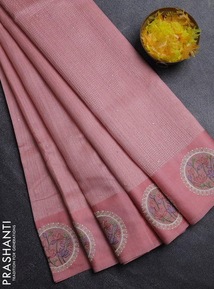 Jute silk saree peach shade with embroidery buttas and floral embroidery butta border