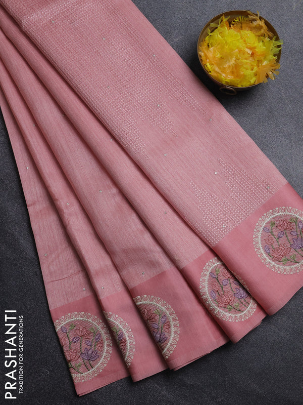 Jute silk saree peach shade with embroidery buttas and floral embroidery butta border