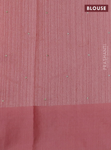 Jute silk saree peach shade with embroidery buttas and floral embroidery butta border
