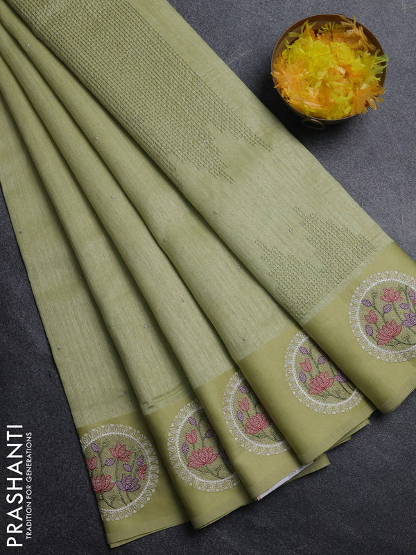 Jute silk saree pista green with embroidery buttas and floral embroidery butta border