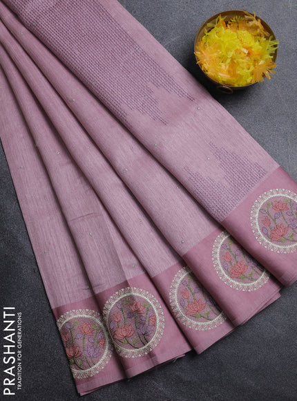 Jute silk saree pastel pink with embroidery buttas and floral embroidery butta border