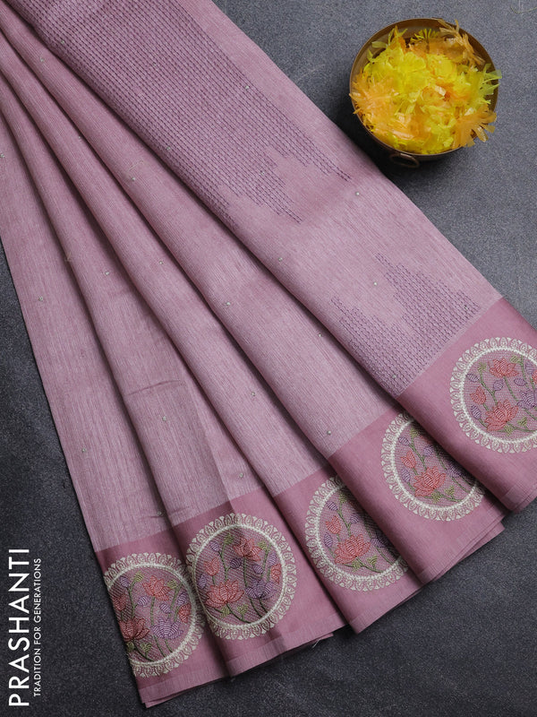 Jute silk saree pastel pink with embroidery buttas and floral embroidery butta border