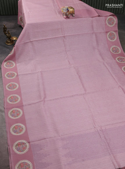 Jute silk saree pastel pink with embroidery buttas and floral embroidery butta border
