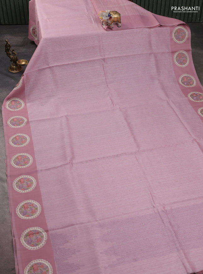 Jute silk saree pastel pink with embroidery buttas and floral embroidery butta border