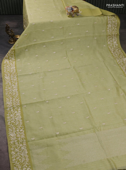 Jute silk saree pista green with embroidery buttas and embroidery border