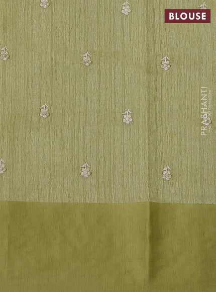 Jute silk saree pista green with embroidery buttas and embroidery border