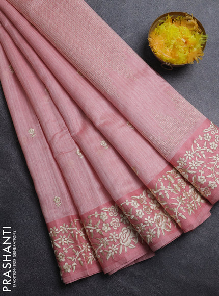 Jute silk saree peach shade with embroidery buttas and embroidery border