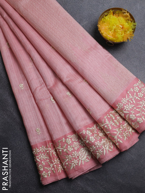 Jute silk saree peach shade with embroidery buttas and embroidery border