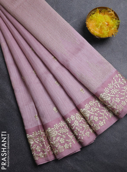 Jute silk saree pastel pink with embroidery buttas and embroidery border