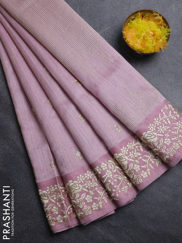 Jute silk saree pastel pink with embroidery buttas and embroidery border