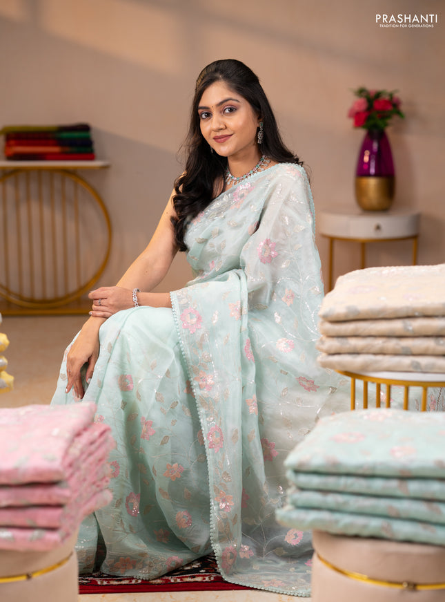Pure organza silk saree pastel blue shade with allover embroidery sequin work and embroidery crocia lace work border