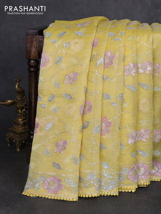 Pure organza silk saree yellow with allover embroidery sequin work and embroidery crocia lace work border