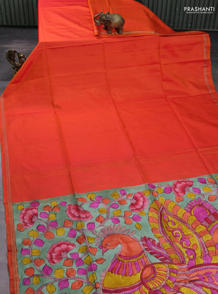 Pure soft silk saree rustic orange and pastel green with plain body and kalamkari hand printed pallu
