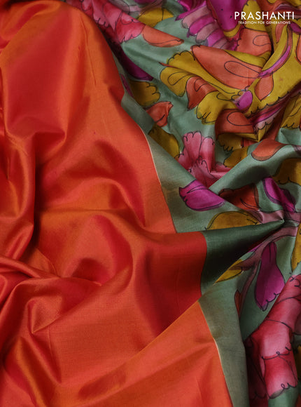 Pure soft silk saree rustic orange and pastel green with plain body and kalamkari hand printed pallu