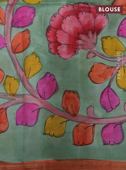 Pure soft silk saree rustic orange and pastel green with plain body and kalamkari hand printed pallu
