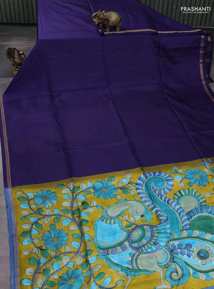 Pure soft silk saree dark blue and mustard yellow with plain body and kalamkari hand printed pallu
