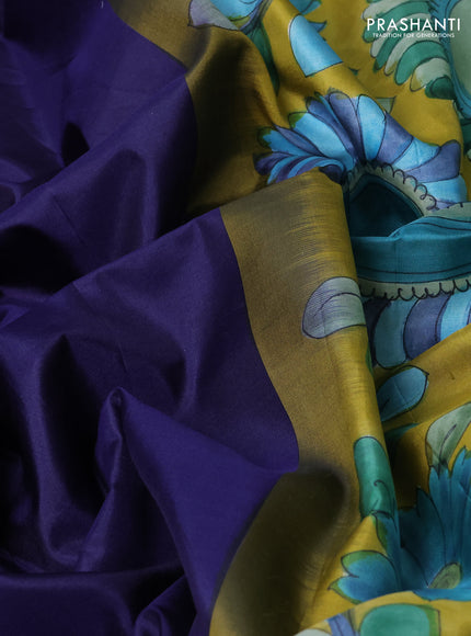 Pure soft silk saree dark blue and mustard yellow with plain body and kalamkari hand printed pallu