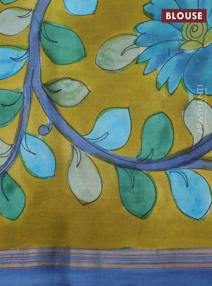 Pure soft silk saree dark blue and mustard yellow with plain body and kalamkari hand printed pallu