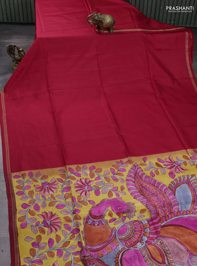 Pure soft silk saree tomato red and mustard yellow with plain body and kalamkari hand printed pallu