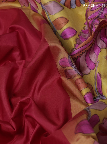 Pure soft silk saree tomato red and mustard yellow with plain body and kalamkari hand printed pallu