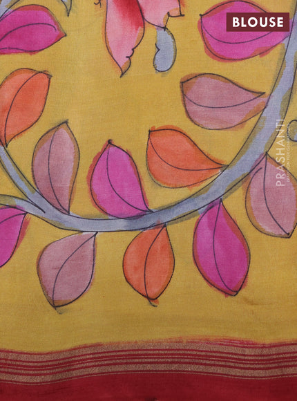 Pure soft silk saree tomato red and mustard yellow with plain body and kalamkari hand printed pallu