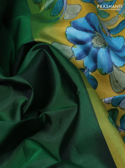Pure soft silk saree dark green and yellow with plain body and kalamkari hand printed pallu