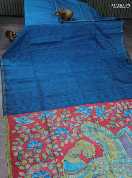 Pure soft silk saree cs blue and pink with allover stripe pattern and kalamkari hand printed pallu