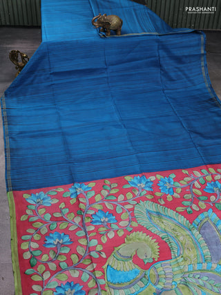 Pure soft silk saree cs blue and pink with allover stripe pattern and kalamkari hand printed pallu