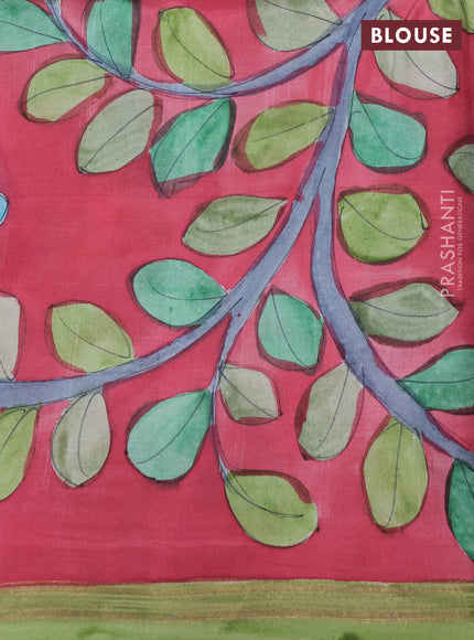 Pure soft silk saree cs blue and pink with allover stripe pattern and kalamkari hand printed pallu