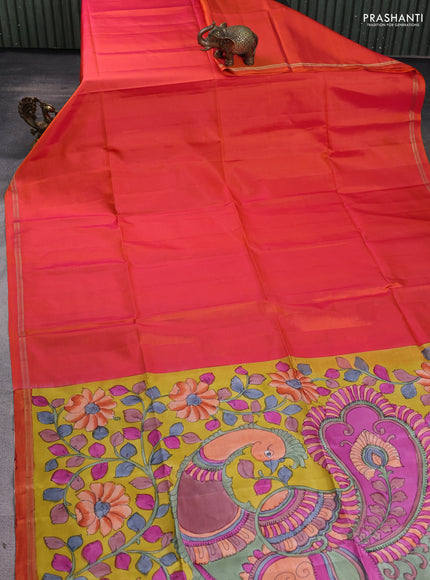 Pure soft silk saree dual shade of pinkish orange and yellow with kalamkari hand painted prints and kalamkari hand printed pallu
