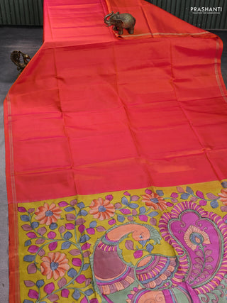 Pure soft silk saree dual shade of pinkish orange and yellow with kalamkari hand painted prints and kalamkari hand printed pallu