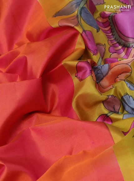 Pure soft silk saree dual shade of pinkish orange and yellow with kalamkari hand painted prints and kalamkari hand printed pallu
