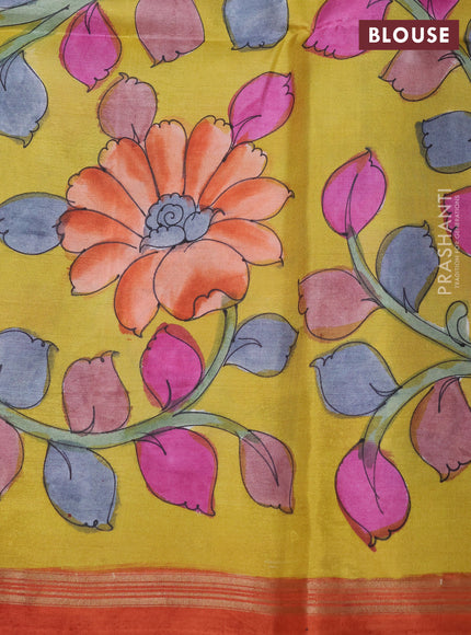 Pure soft silk saree dual shade of pinkish orange and yellow with kalamkari hand painted prints and kalamkari hand printed pallu
