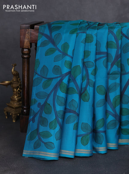 Pure soft silk saree cs blue and peach orange with kalamkari hand painted prints and kalamkari hand printed pallu