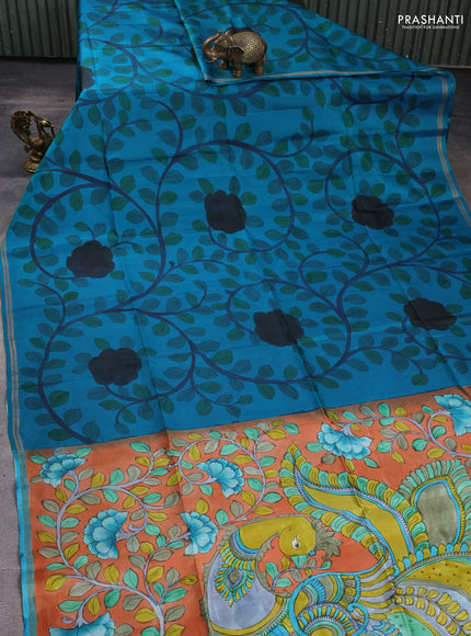 Pure soft silk saree cs blue and peach orange with kalamkari hand painted prints and kalamkari hand printed pallu