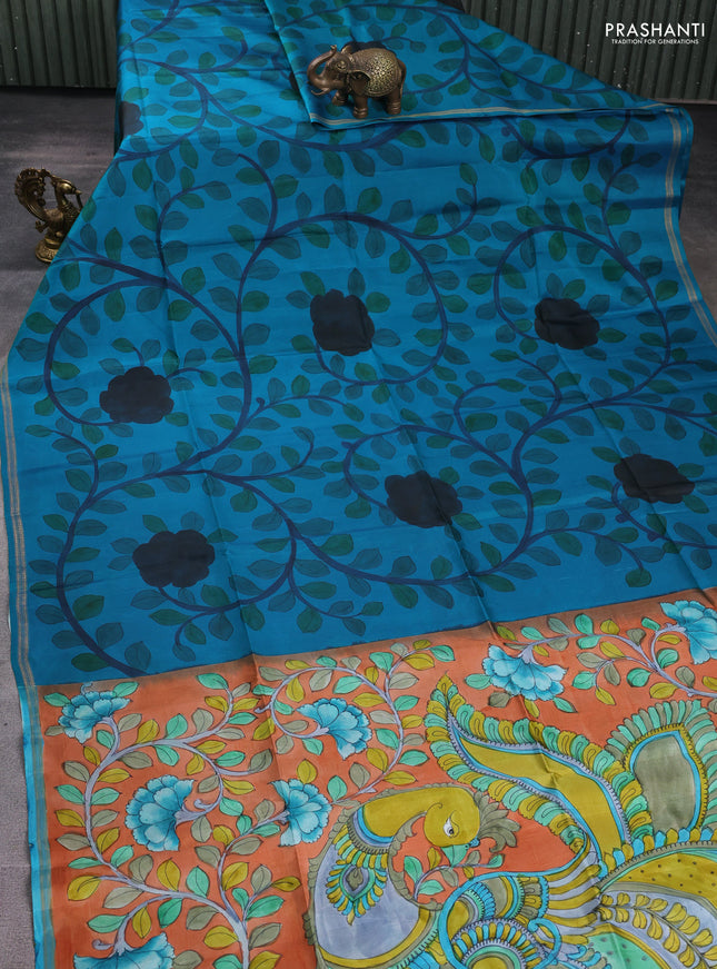 Pure soft silk saree cs blue and peach orange with kalamkari hand painted prints and kalamkari hand printed pallu