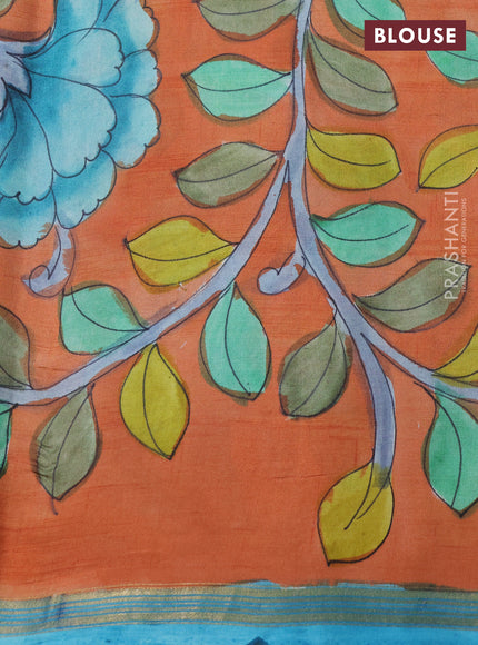 Pure soft silk saree cs blue and peach orange with kalamkari hand painted prints and kalamkari hand printed pallu