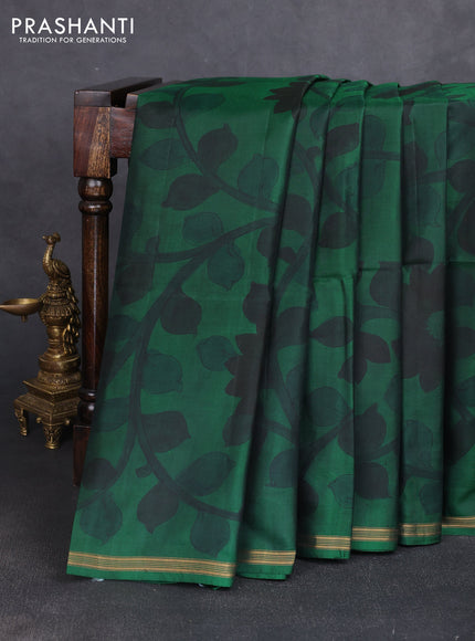Pure soft silk saree bottle green and peach orange with allover kalamkari hand painted prints and kalamkari hand printed pallu