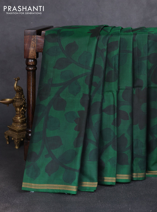 Pure soft silk saree bottle green and peach orange with allover kalamkari hand painted prints and kalamkari hand printed pallu