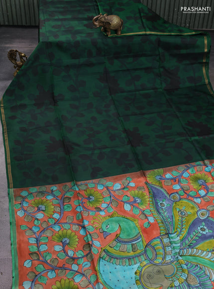 Pure soft silk saree bottle green and peach orange with allover kalamkari hand painted prints and kalamkari hand printed pallu