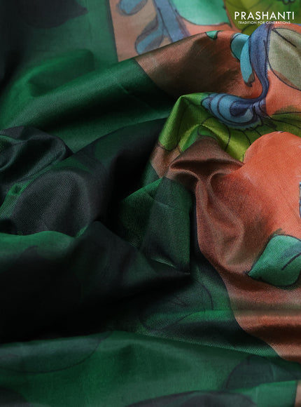 Pure soft silk saree bottle green and peach orange with allover kalamkari hand painted prints and kalamkari hand printed pallu