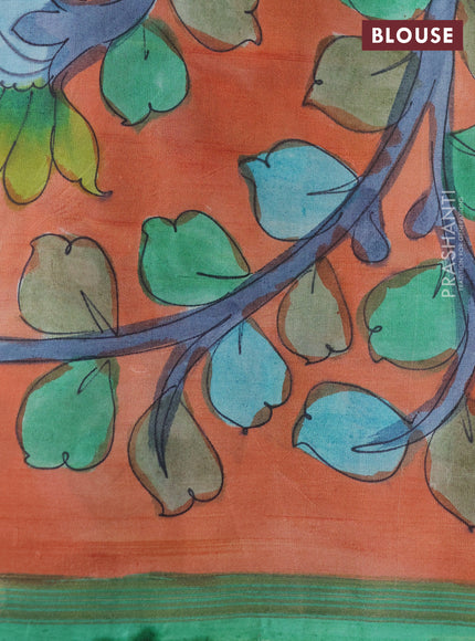 Pure soft silk saree bottle green and peach orange with allover kalamkari hand painted prints and kalamkari hand printed pallu