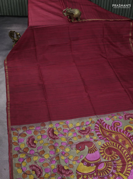 Pure soft silk saree red and grey shade with allover stripe pattern and kalamkari hand printed pallu