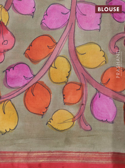 Pure soft silk saree red and grey shade with allover stripe pattern and kalamkari hand printed pallu