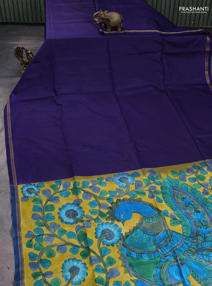 Pure soft silk saree navy blue and yellow with plain body and kalamkari hand printed pallu
