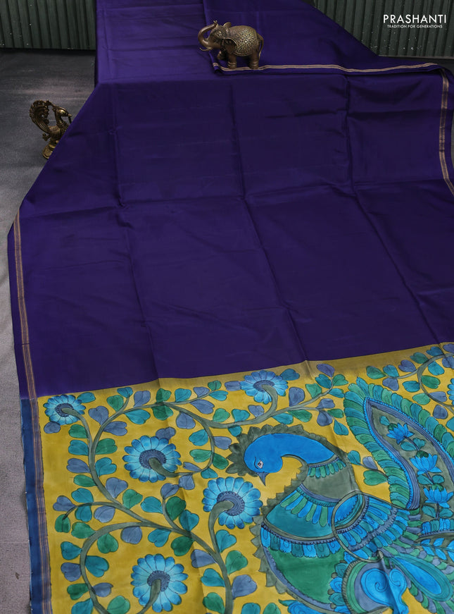 Pure soft silk saree navy blue and yellow with plain body and kalamkari hand printed pallu