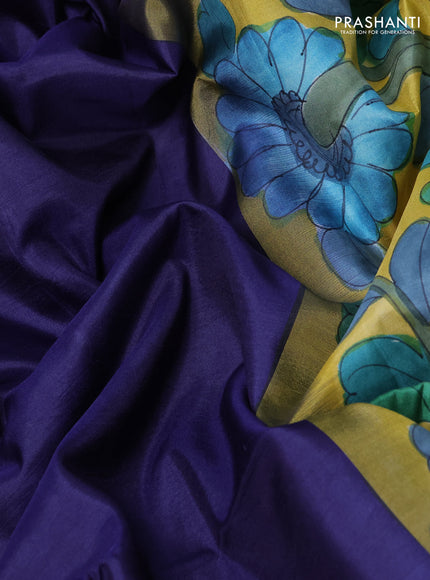 Pure soft silk saree navy blue and yellow with plain body and kalamkari hand printed pallu